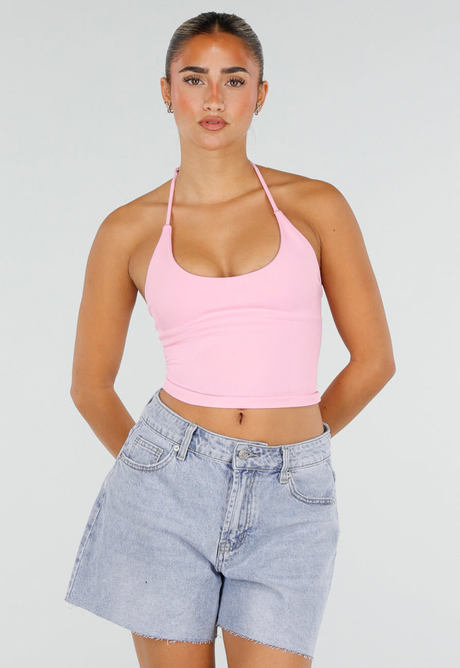 NEW120826 Roze Halter Sport Top met Verstelbaar Halterbandje, Uitneembare Pads en Stretch