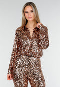 Goudkleurige Pailletten Blouse met Kraag en Lange Mouwen