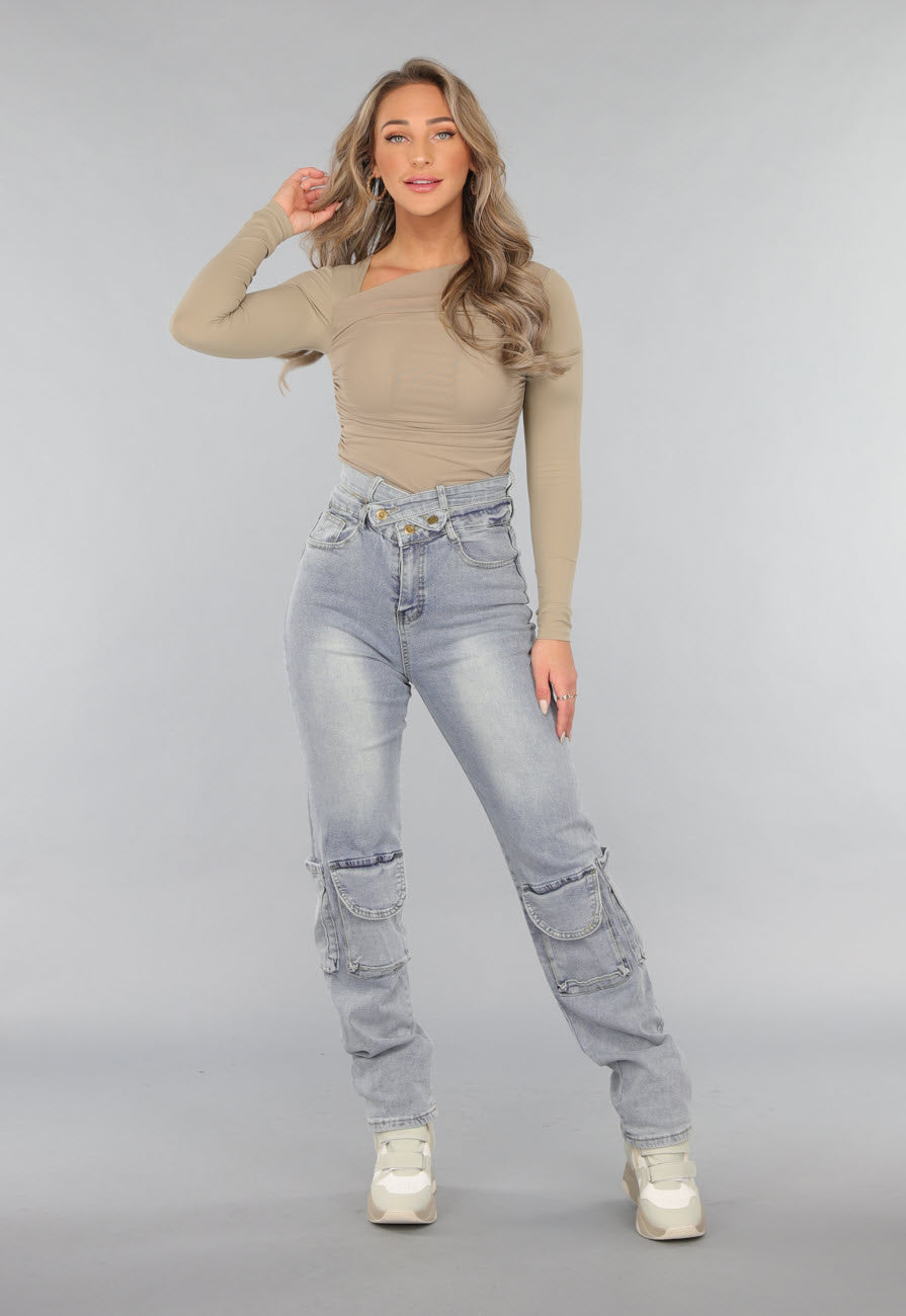 Tall Blauwe Denim Cargo Jeans met Overslag Taille