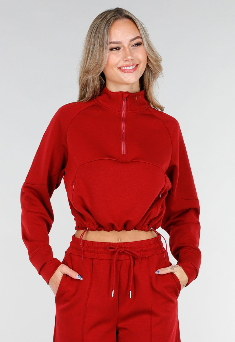 Bordeauxrode Cropped Lounge Trui met Halve Rits en Hoge Kraag
