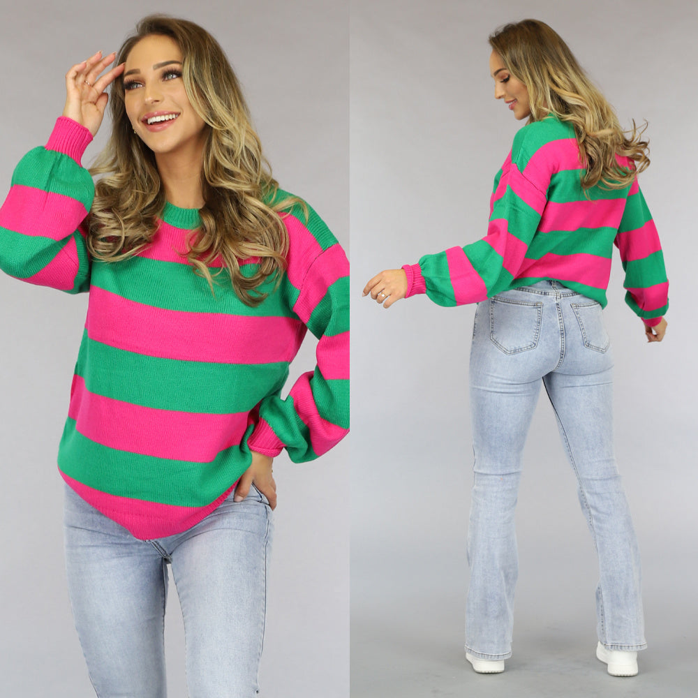 Groen/Roze Trui met Horizontale Strepen