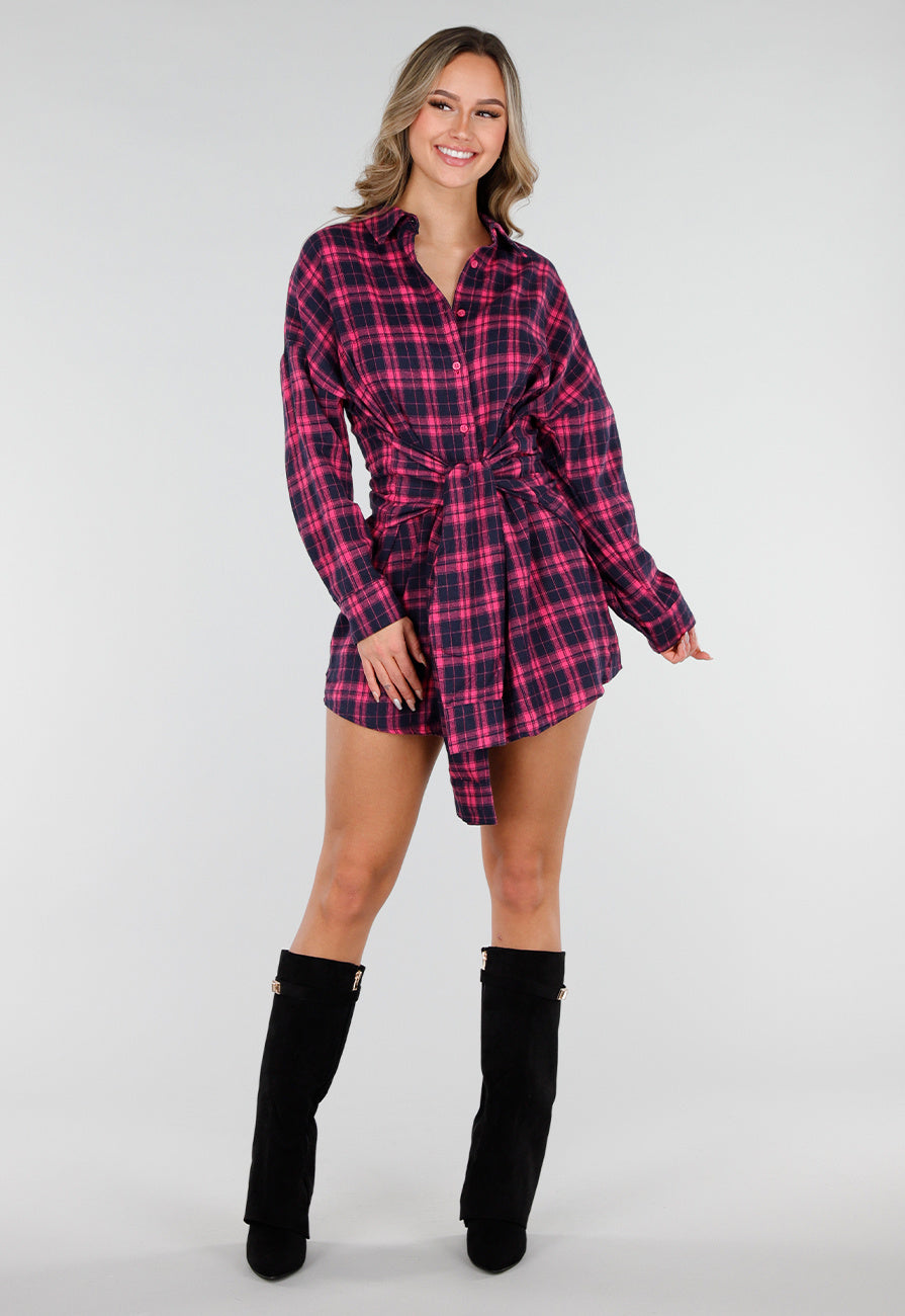 Roze Geruite Blouse Jurk met Tailleband