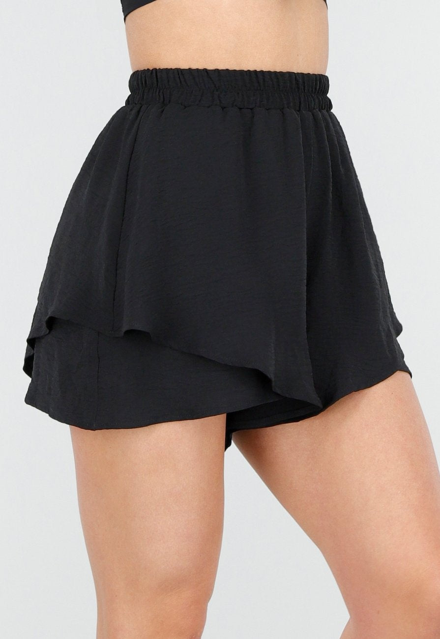 Zwarte Gelaagde Linnenlook Short met Stretch Band