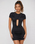 Zwarte Mini Jurk met Cut-Out, Plooien en Korte Mouwen