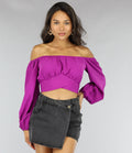 Paars Off Shoulder Topje met Pofmouwen