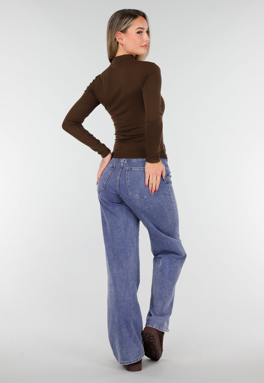 Bruine Zachte Stretch Top met Lange Mouwen en Col