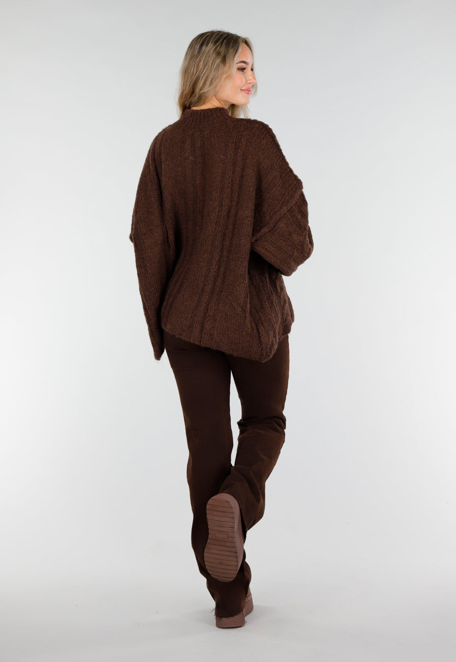 Bruine Grofgebreide Oversized Kabeltrui