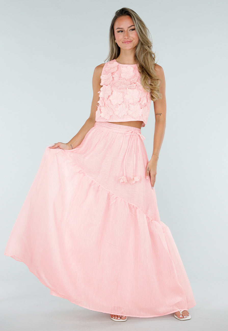 NEW150726 Lichtroze Maxi Rok met Strikceintuur en Volant