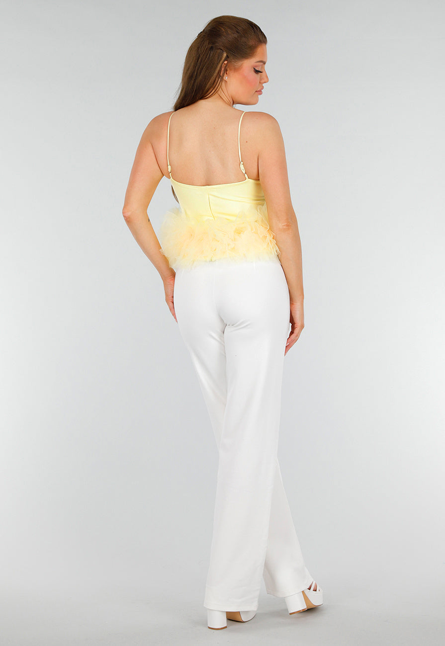 Botergele Tanktop met V-Hals en Tule Onderzijde met Stretch