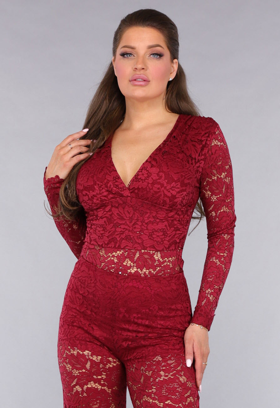 Rode Padded Lace Bodysuit met Lange Mouwen