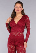 Rode Padded Lace Bodysuit met Lange Mouwen