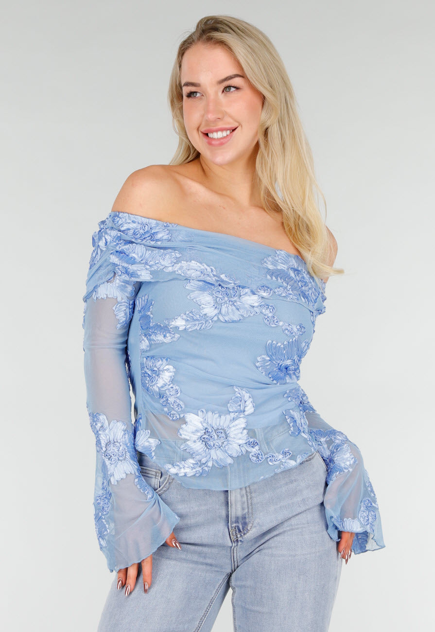 Blauwe Off Shoulder Mesh Top met Bloemen
