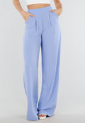 Lichtblauwe Linnenlook Tall Wide Leg Pantalon met Hoge Taille en Plooien