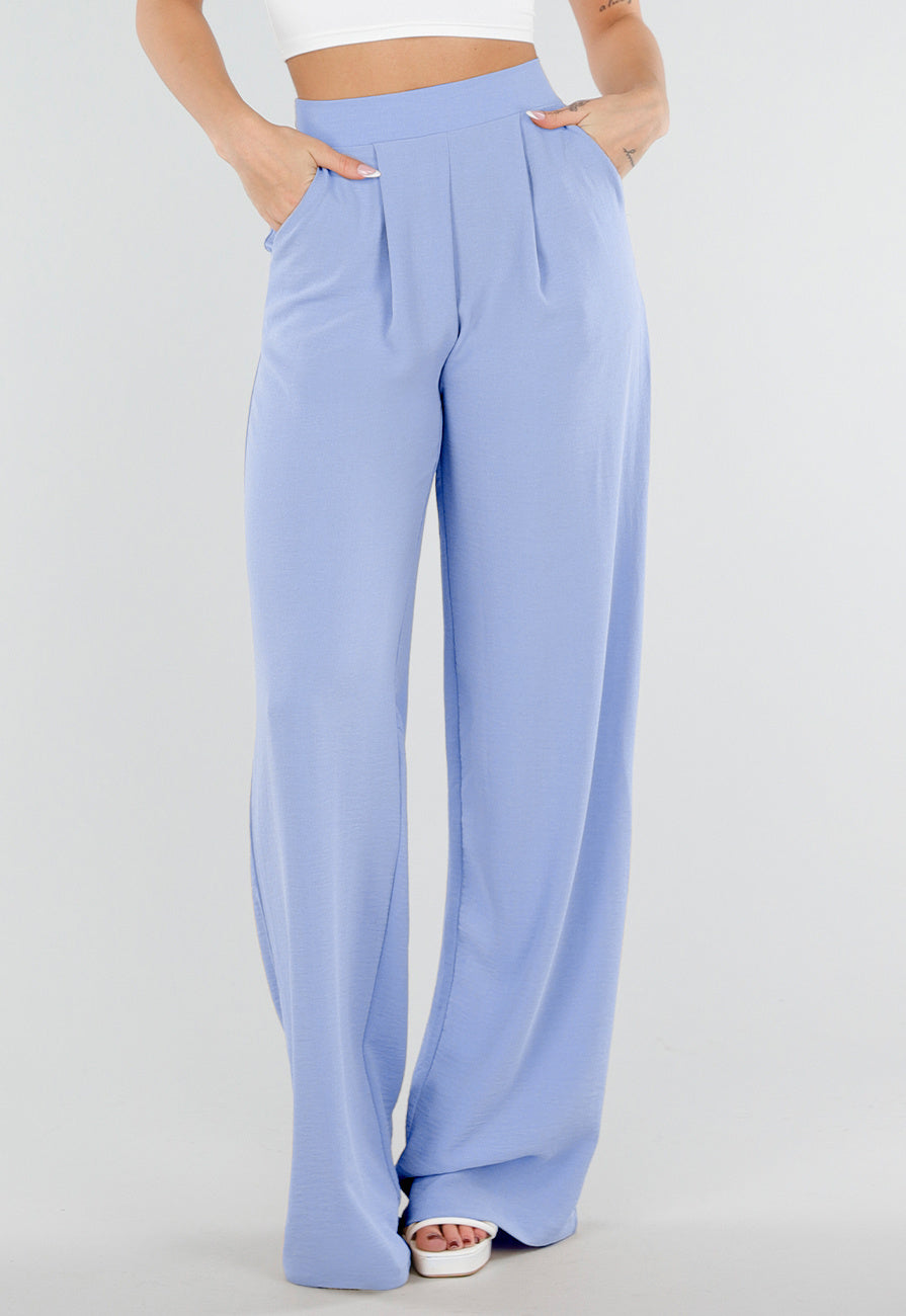 Lichtblauwe Linnenlook Tall Wide Leg Pantalon met Hoge Taille en Plooien