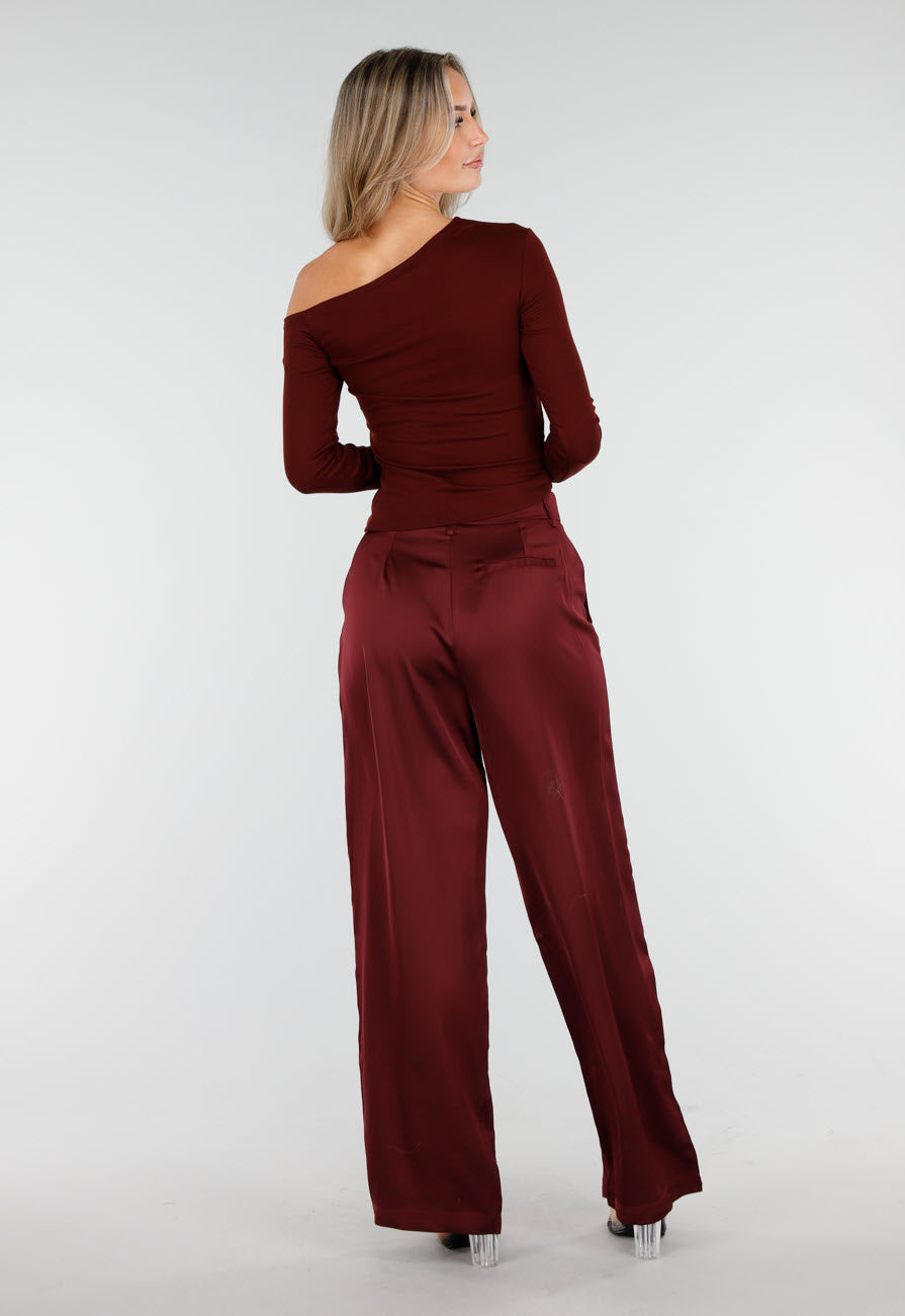Bordeauxrode One Shoulder Top met Lange Mouwen
