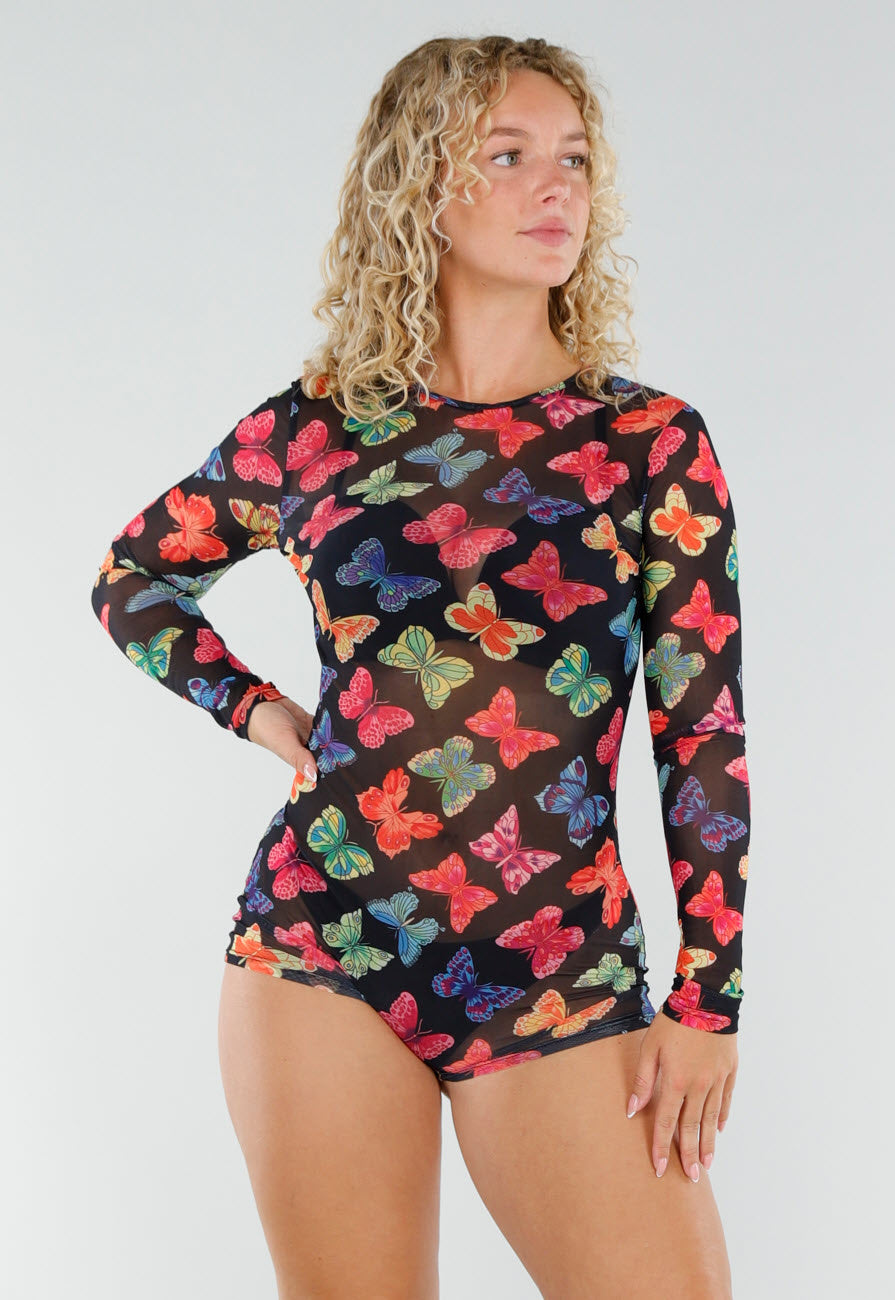 Zwarte Mesh Playsuit met Vlinderprint en Open Rug