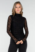 Zwarte See Through Kanten Top met Gedrappeerd Effect