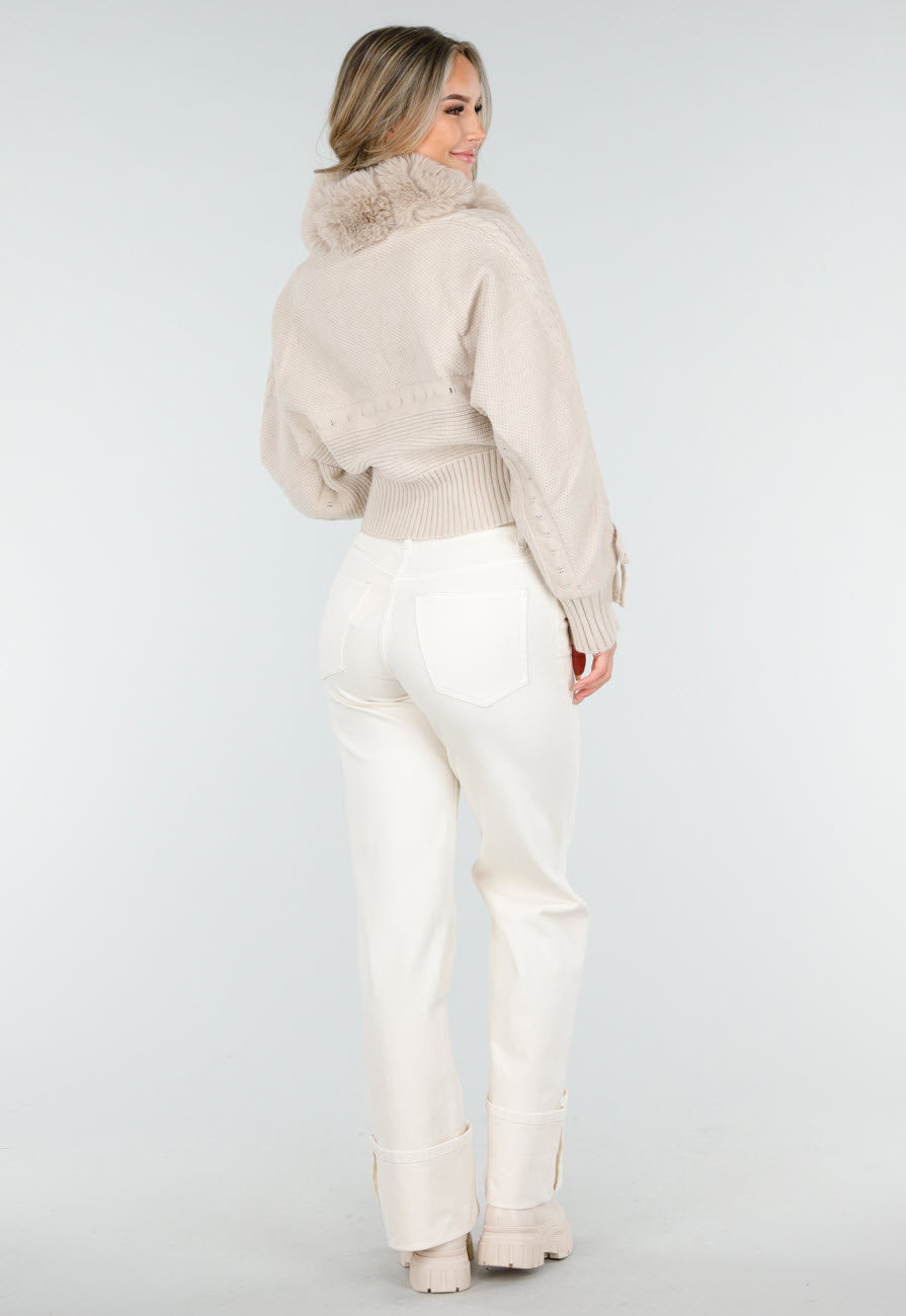 Beige Gebreid Vest met Nepbontkraag en Strikdetails