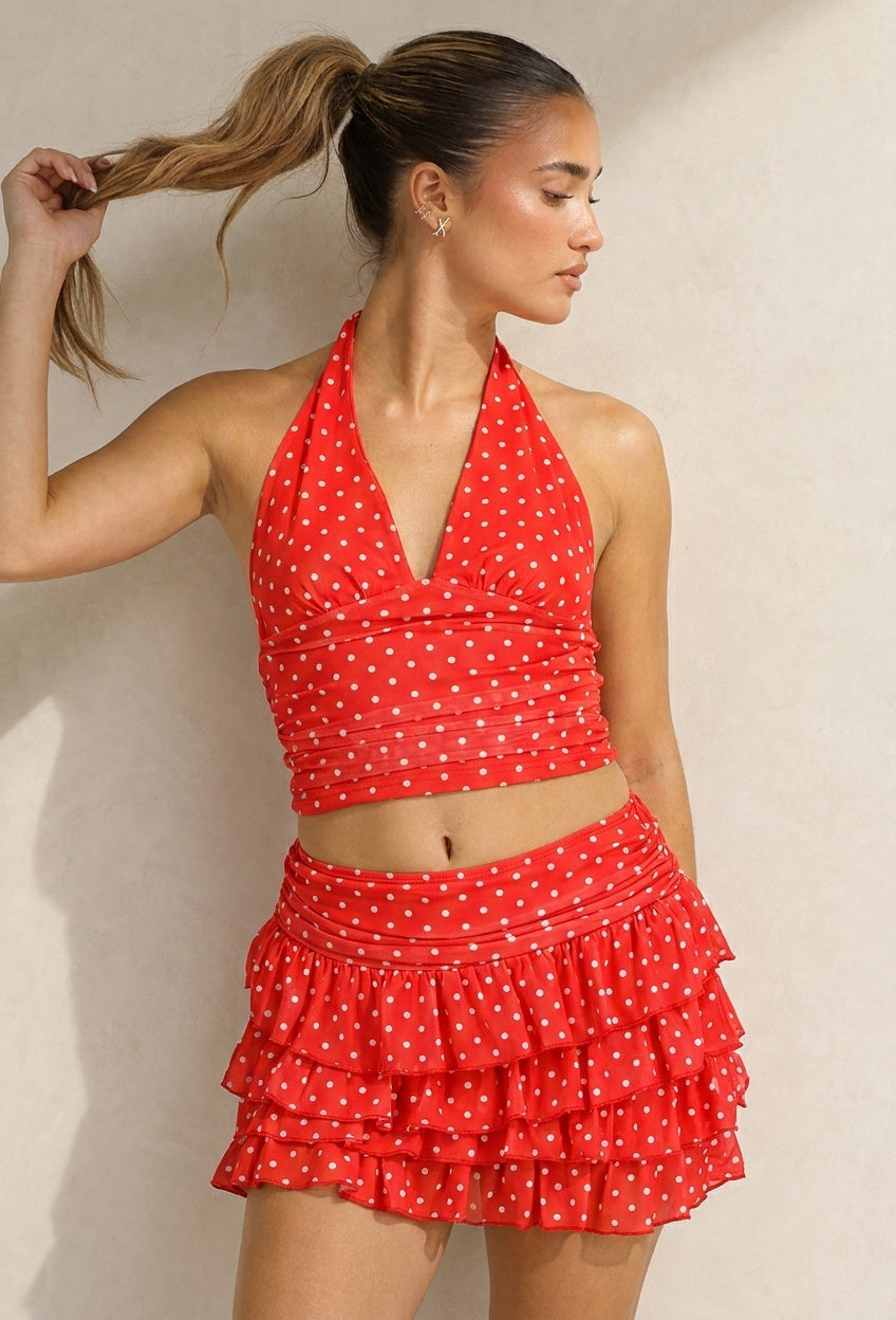 Rode Polkadot Halter Top met Ruffle Skort Set