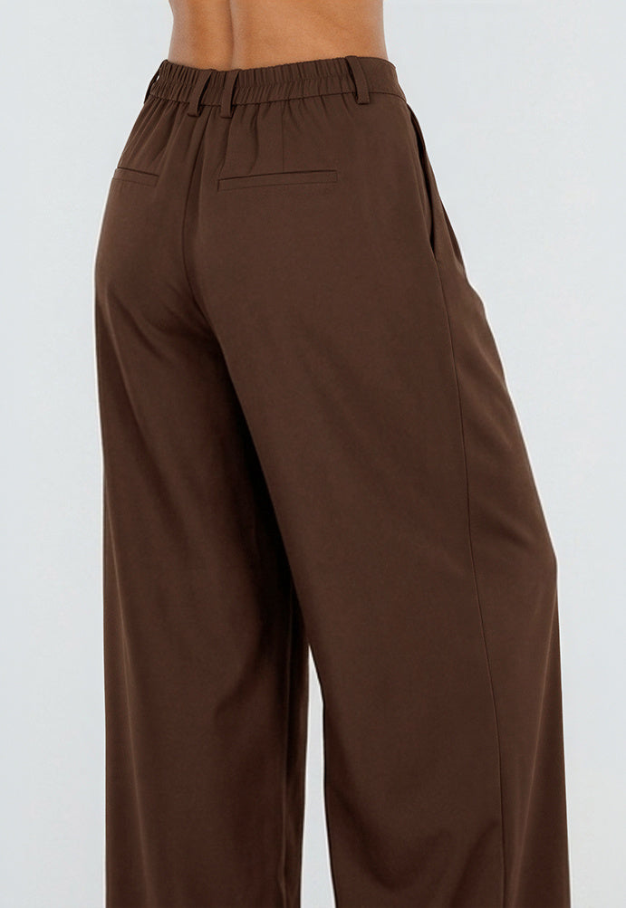 NEW190826 Bruine Wide Leg Pantalon met Hoge Taille en Plooien