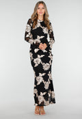 Zwarte Lange Jurk met Stretch en Beige Bloemenprint