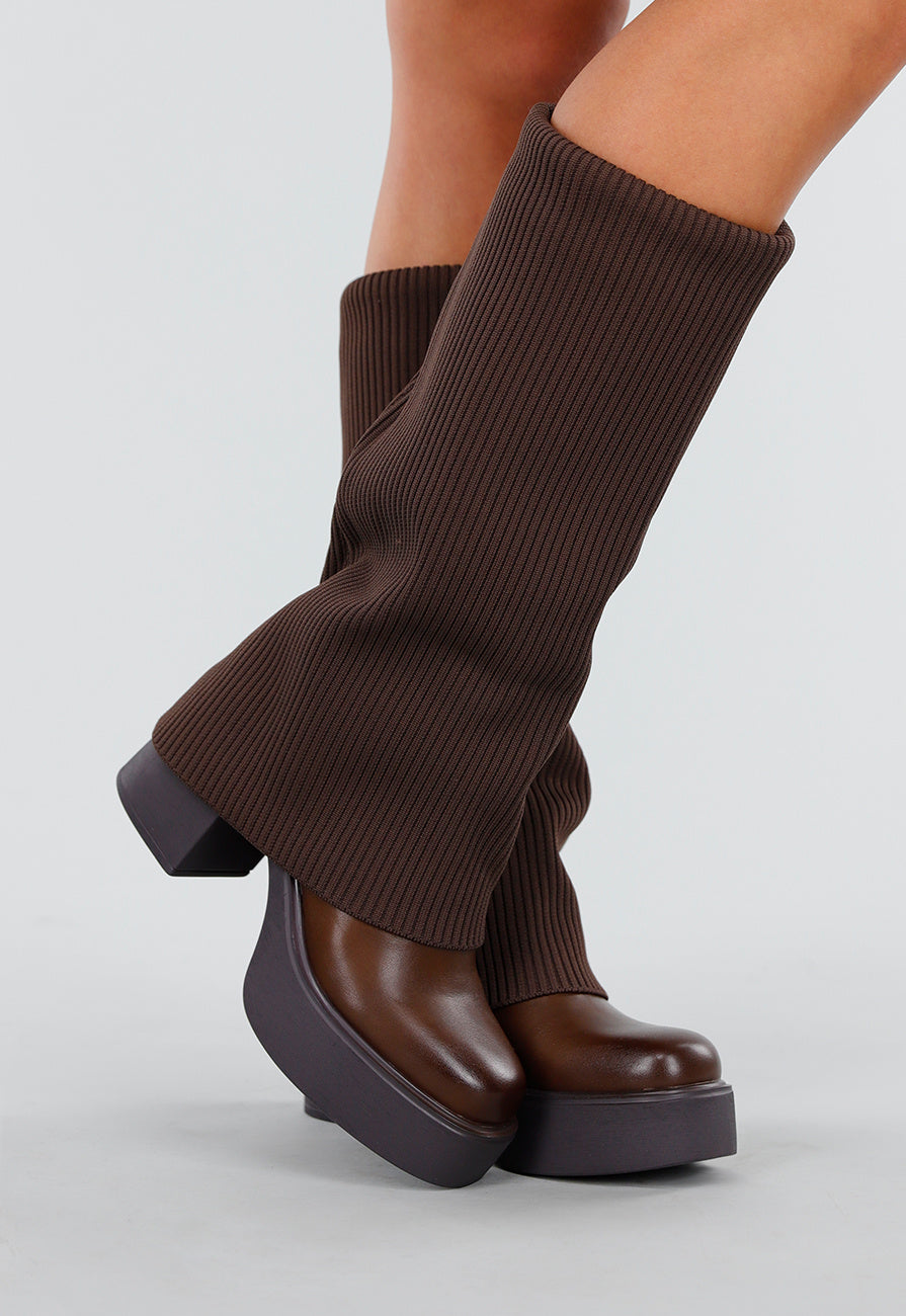 Donkerbruine Plateau Laarzen met Geribde Schacht en Blokhak