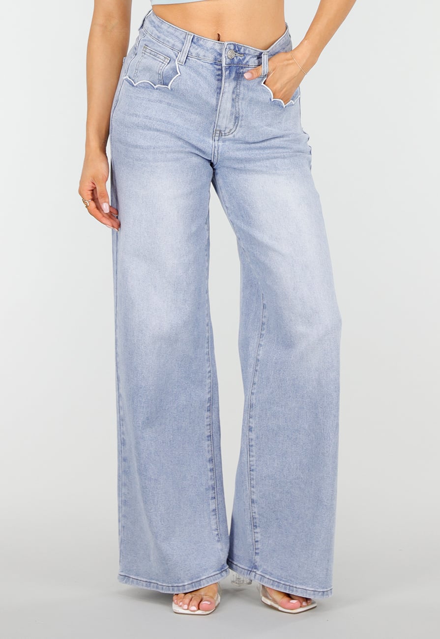 Lichtblauwe Denim Wide Leg Jeans met Hoge Taille