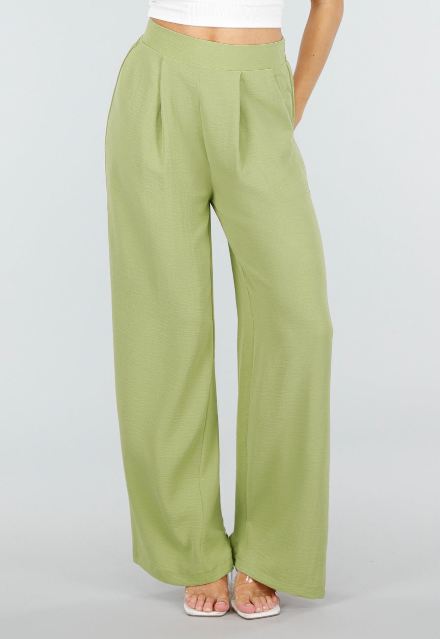 Groene Linnenlook Wide Leg Stretch Pantalon met Hoge Taille en Plooien