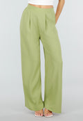 Groene Linnenlook Wide Leg Stretch Pantalon met Hoge Taille en Plooien