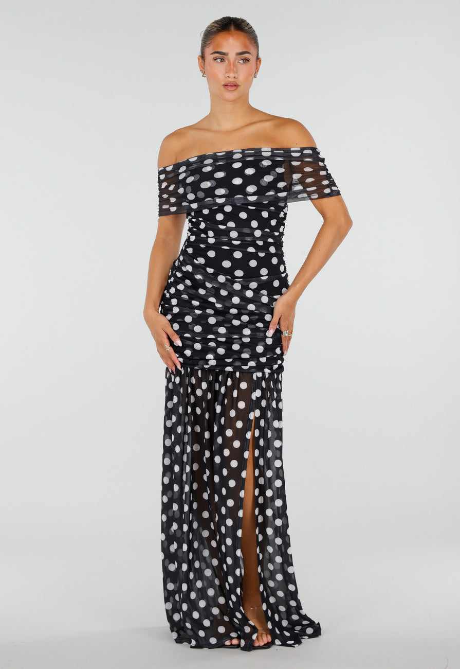 NEW120826 Zwarte Mesh Lange Jurk met Stippen en Split van Stretch
