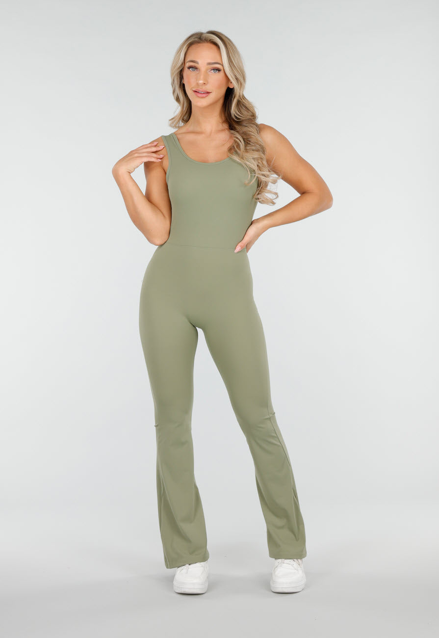 Groene Scrunch Jumpsuit met Lage Rug en Flared Pijpen