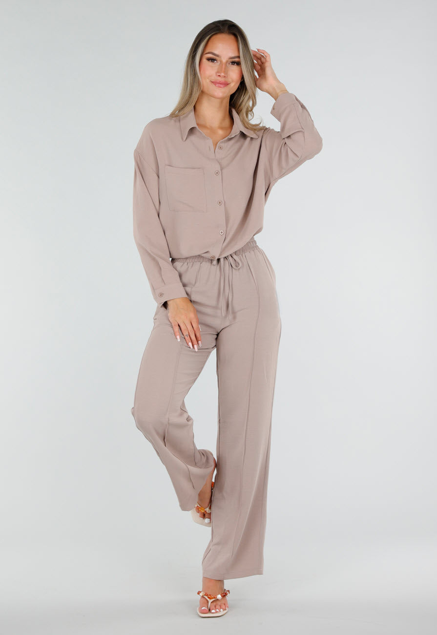 NEW220726 Beige Wide Leg Broek met Elastische Taille en Strikkoord