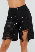 NEW080726 Zwarte Denim Bermuda Shorts met Strass en Destroyed Details Voor Dames