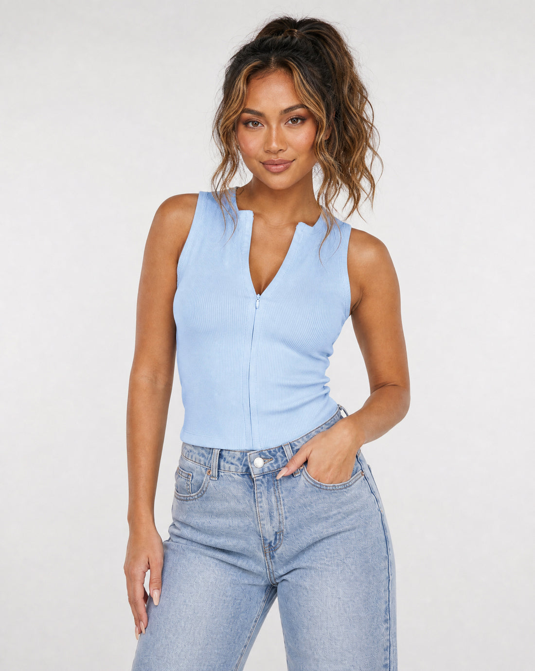 Lichtblauwe Rib Top met Ritssluiting en Stretch