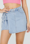 Lichtblauwe Denim Skort met Overslag en Striksluiting