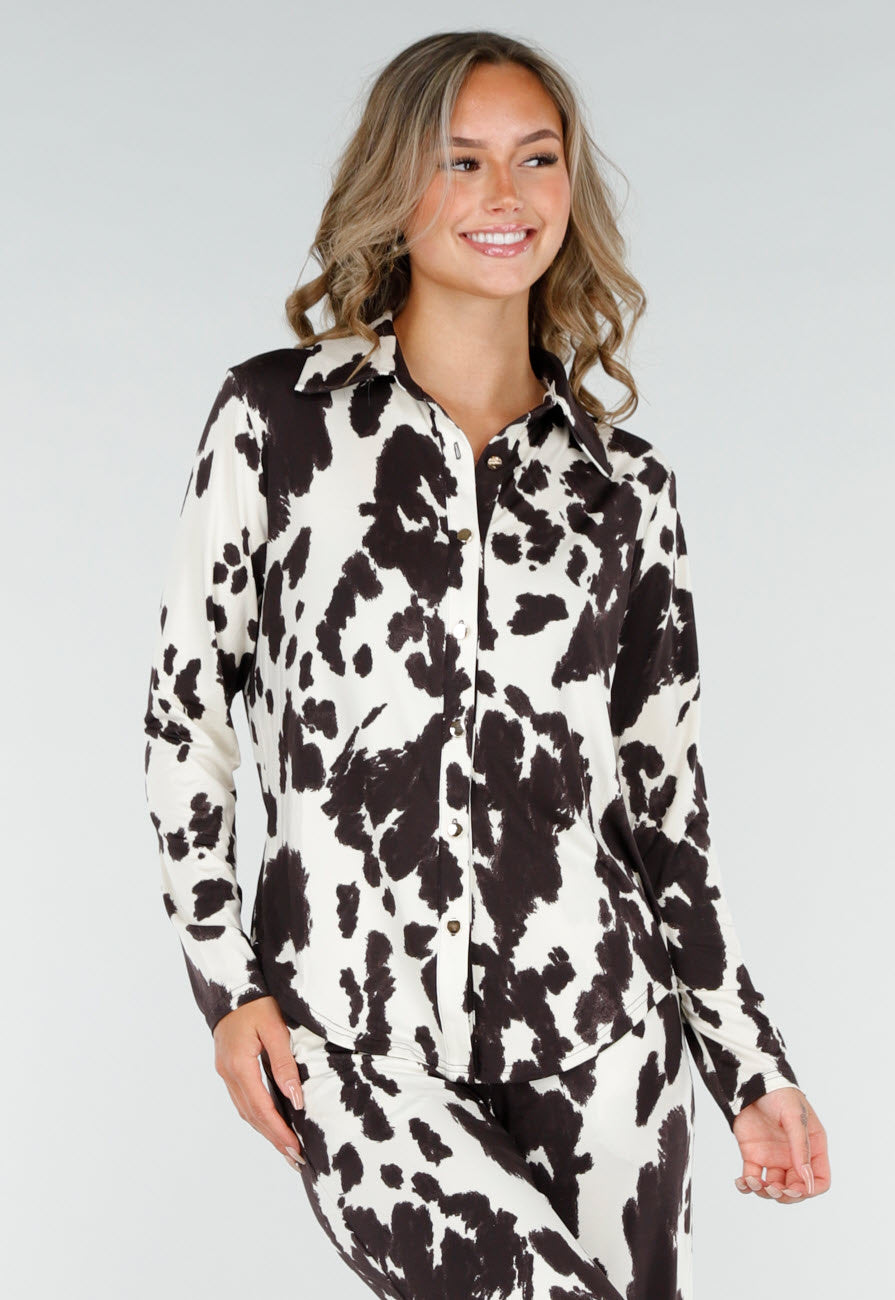 Bruin-Witte Blouse met Koeienprint en Goudkleurige Knopen