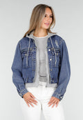 Blauwe Denim Jas met Grijze Capuchon en Zakken met Rits