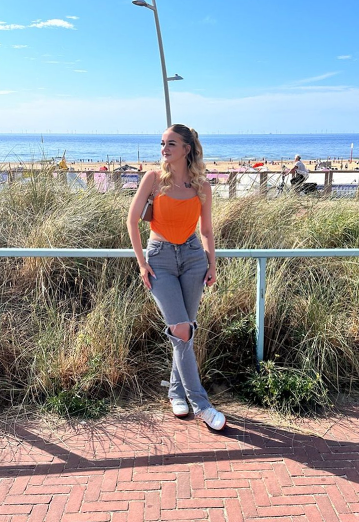 Oranje Mesh Korset Top met Gedrapeerd Detail