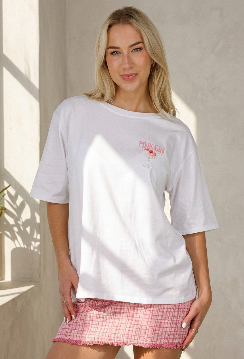 Wit Katoenen T-shirt met Pink Gin Print en Korte Mouwen