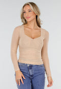 Beige Mesh Top met Vierkante Hals en Lange Mouwen