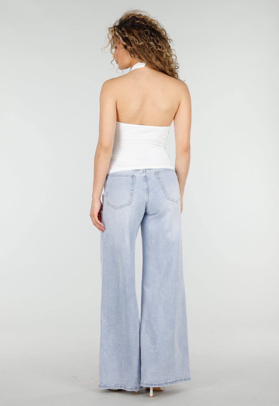 Witte Halter Top met Kant Inzet en Mesh Details