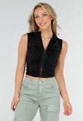 Zwarte Mouwloze Crop Top met Haaksluiting en Stretch