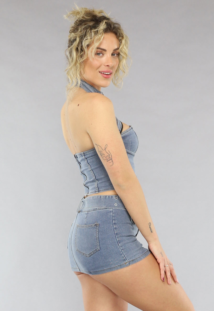 Blauwe Denim Co Ord Set met Riem