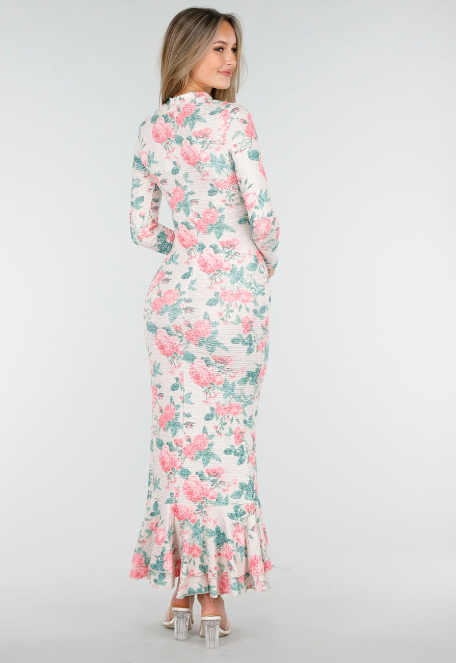 Roze Groene Bloemenjurk met Lange Mouwen