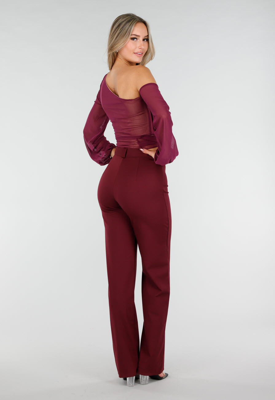 Paarse One Shoulder Top met Afneembare Mouw en Stretch