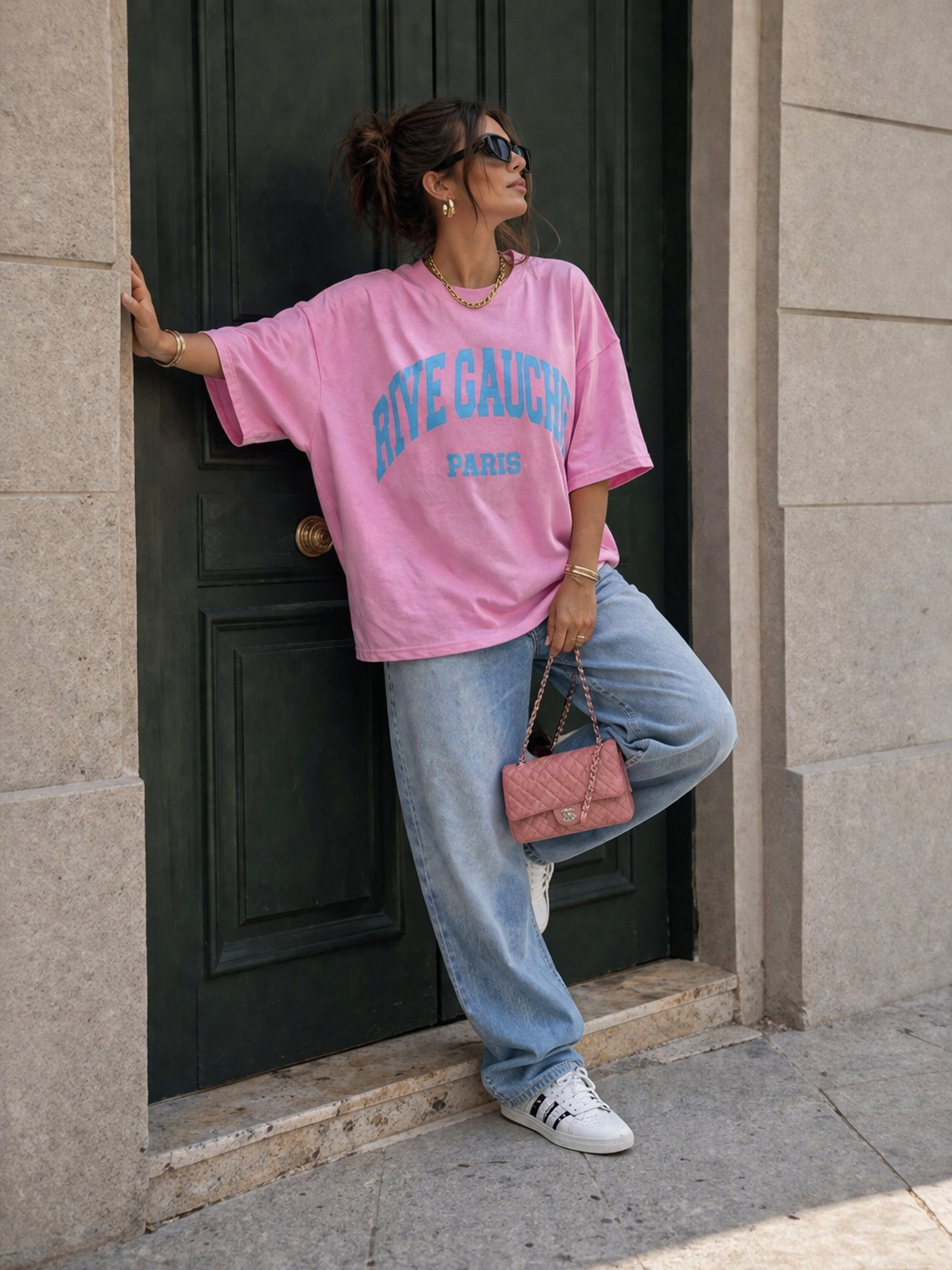 Roze Oversized T-Shirt met Blauwe Tekstprint