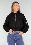 Zwarte Cropped Bomberjas met Zilverkleurige Rits en Utility-Zak op de Mouw