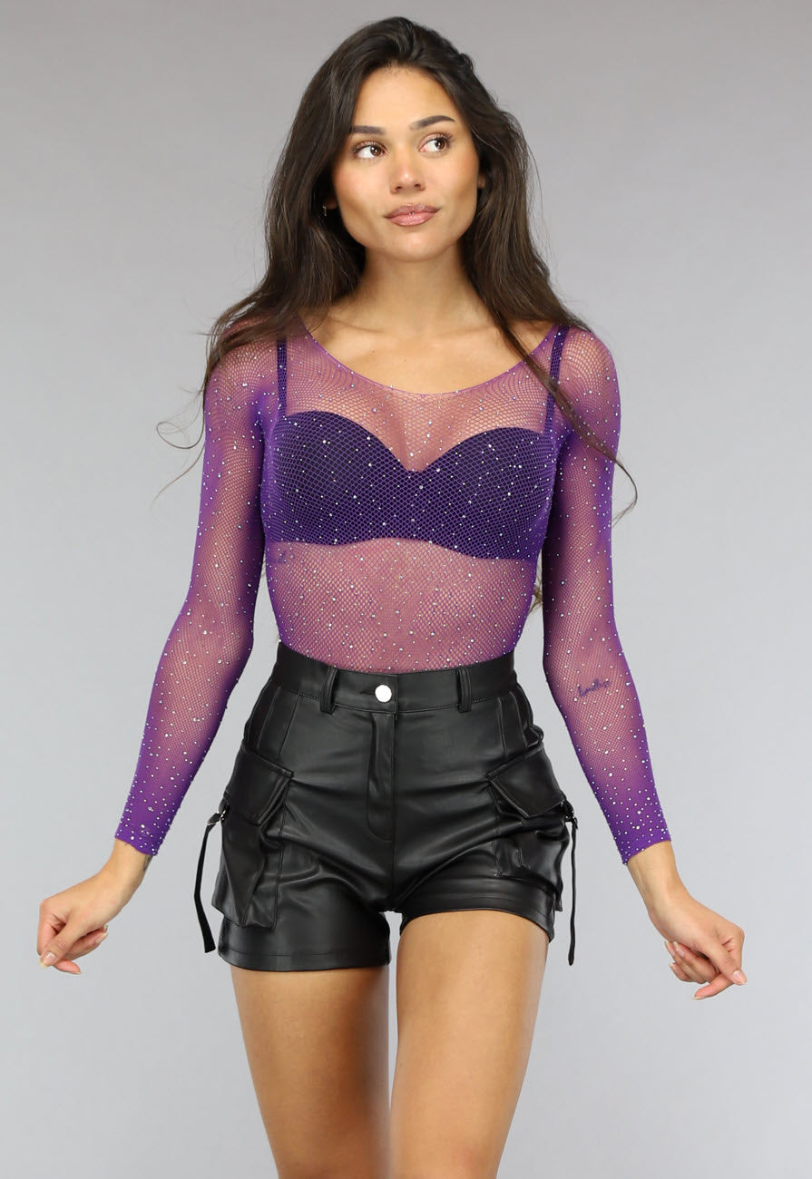 Paarse Longsleeve Bodysuit met Strass Steentjes