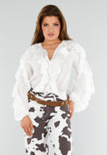 Witte Blouse met Volants en Losvallende Ballonmouwen