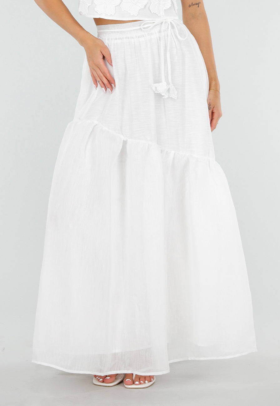 NEW150726 Witte Maxi Rok met Strikceintuur en Volant